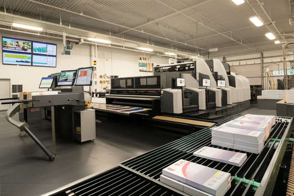A modern commercial printing facility with AI-powered quality control monitors displaying real-time defect detection on printed sheets