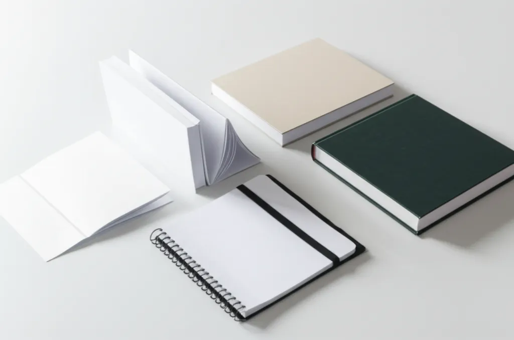 Several books showing different binding methods — saddle stitch, perfect bound, hardcover, spiral, and Wire-O — arranged on a clean workspace