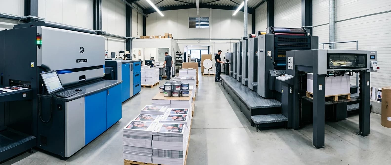 HP Indigo digital press next to offset printing plates on a production floor in Los Angeles