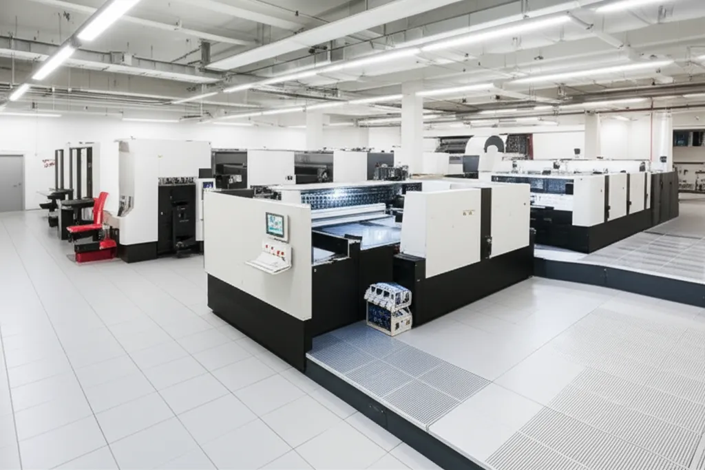 Modern commercial printing facility with inkjet and offset presses side by side