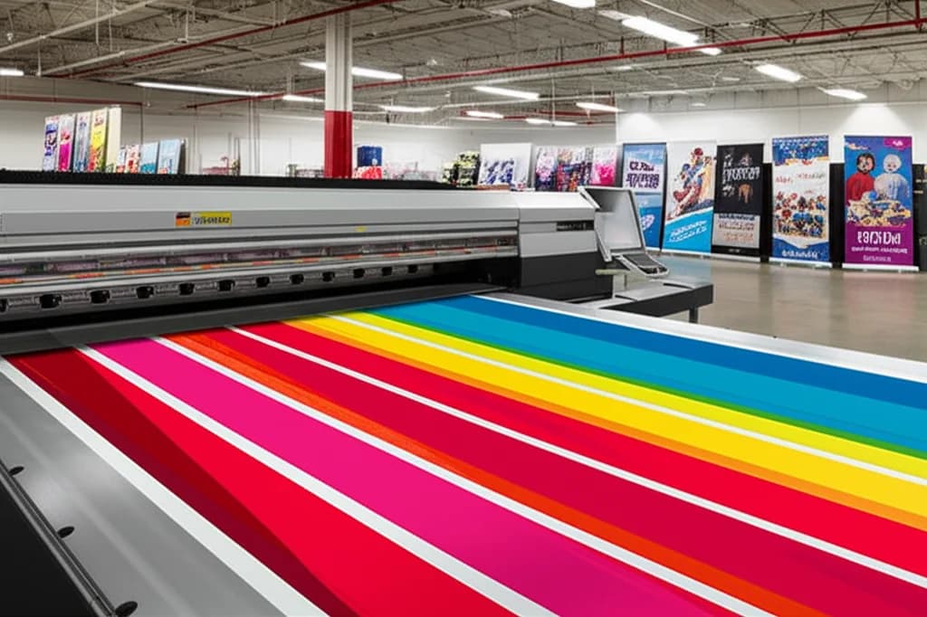 Wide-format printer producing a vibrant trade show banner inside a Los Angeles print shop