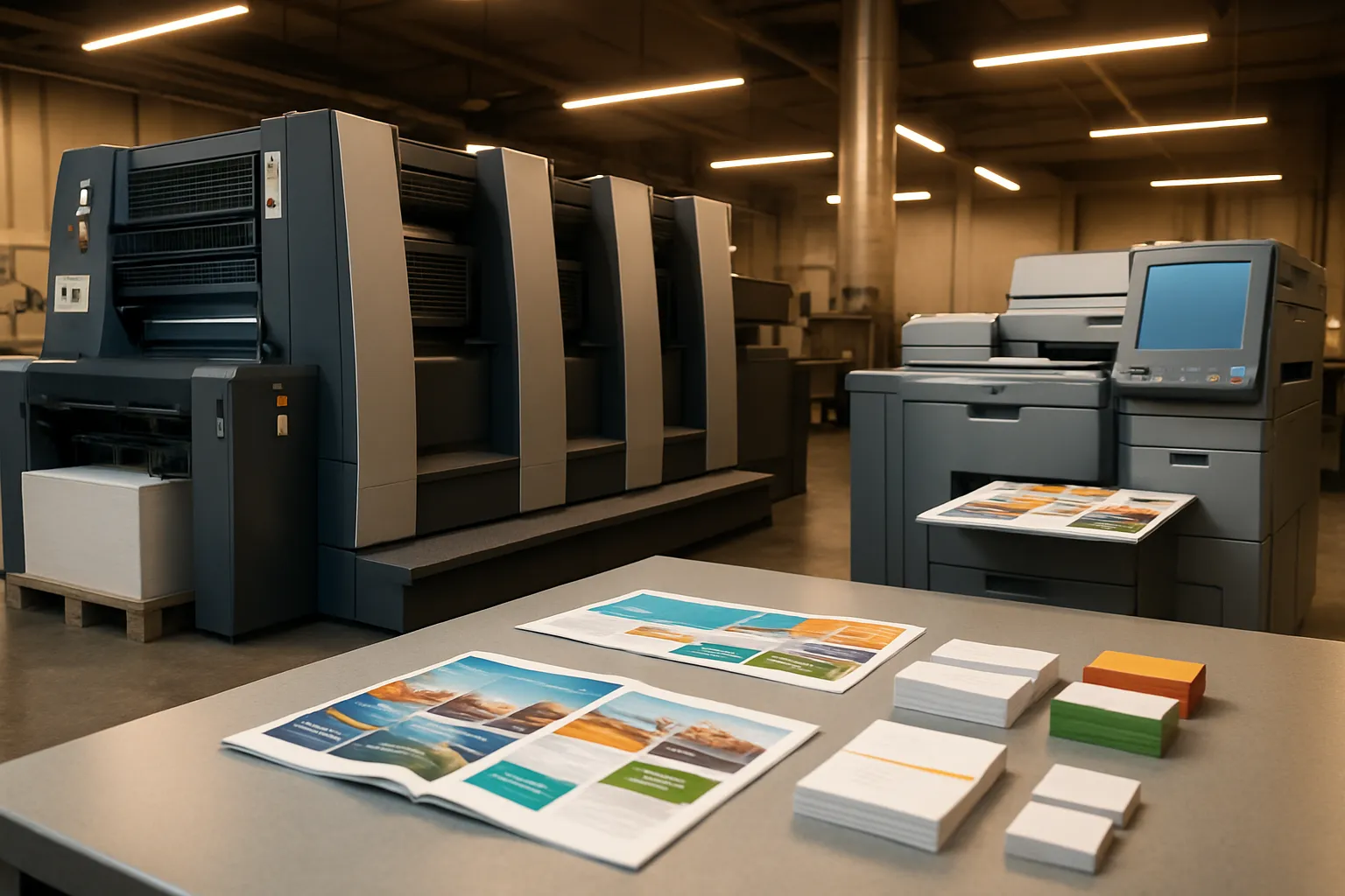 Side-by-side view of an offset printing press and a digital printing press in a modern facility