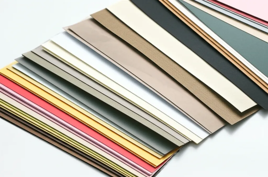 Fan of paper samples in various weights and finishes spread across a print shop worktable with a caliper gauge