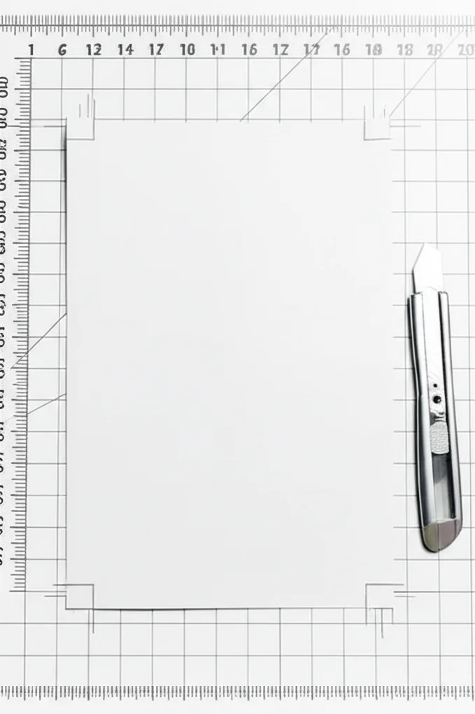 Top-down view of a freshly printed brochure on a cutting mat showing crop marks and bleed area with a ruler and cutting tools