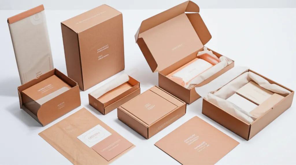 Elegant display of custom branded packaging boxes, mailers, and branded accessories for a small business
