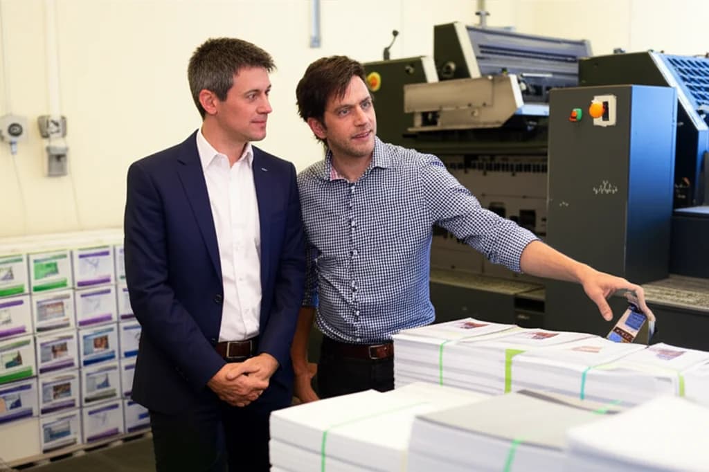 Business owner touring a commercial print shop with the manager, offset press and stacked brochures in background