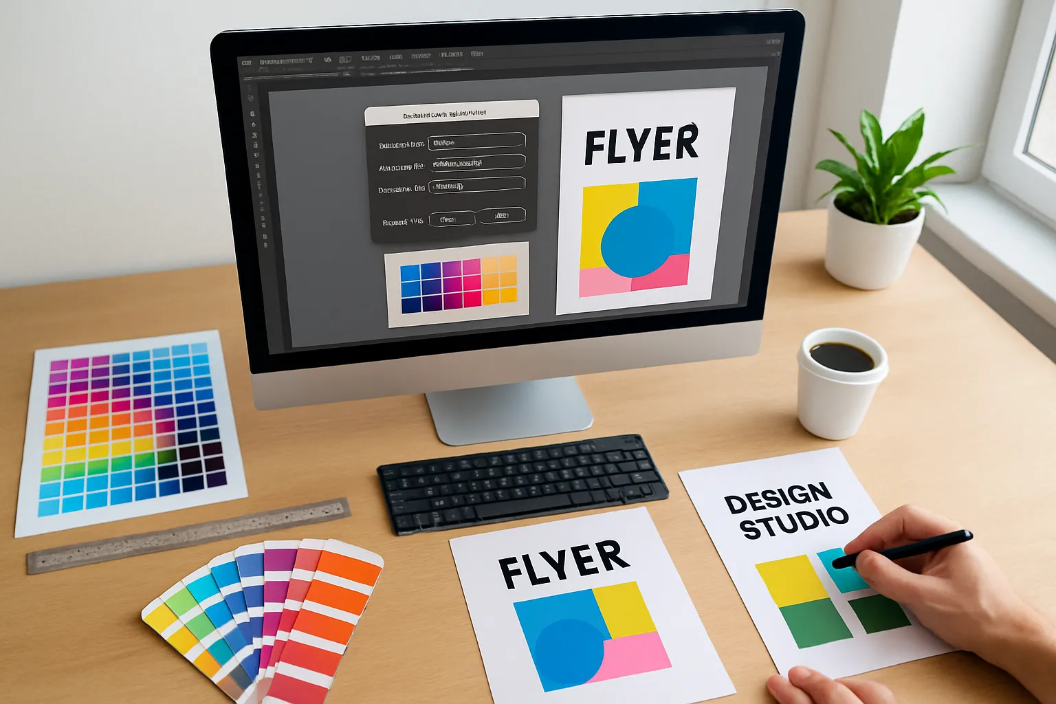 Overhead view of a graphic designer workspace with a monitor showing design software, printed proofs, and color swatches