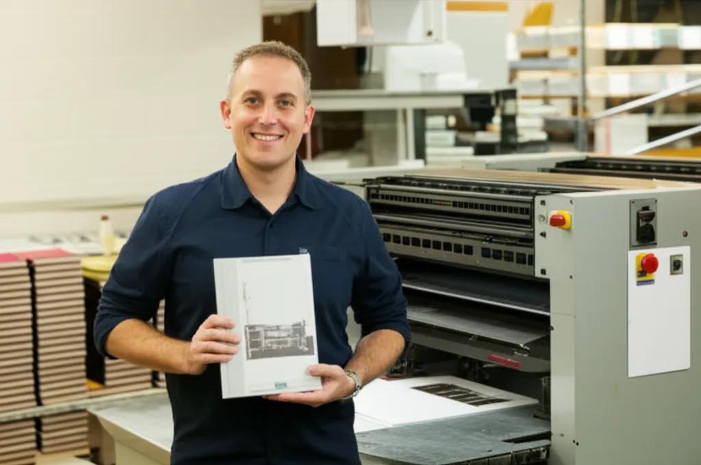 A self-published author reviewing freshly printed books at a commercial printing facility